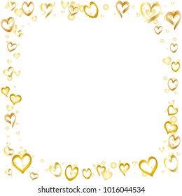 Square frame or border Valentines day background with random hand drawn falling golden hearts isolated on white.
