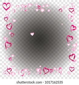 Square frame or border Valentines day background with random hand drawn falling pink hearts on transparent background.