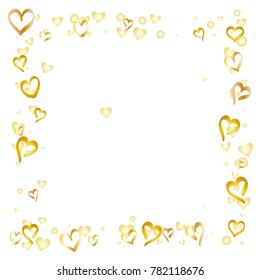 Square frame or border Valentines day background with random hand drawn falling golden hearts isolated on white.