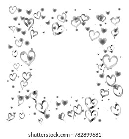 Square frame or border Valentines day background with random hand drawn falling silver hearts isolated on white.