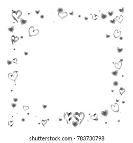Square frame or border Valentines day background with random hand drawn falling silver hearts isolated on white.