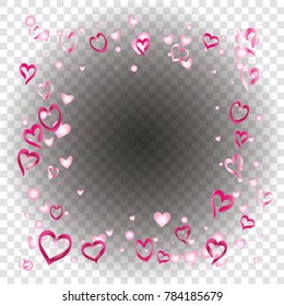 Square frame or border Valentines day background with random hand drawn falling pink hearts on transparent background.