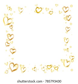 Square frame or border Valentines day background with random hand drawn falling golden hearts isolated on white.