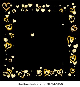 Square frame or border Valentines day background with random hand drawn falling golden hearts isolated on black.