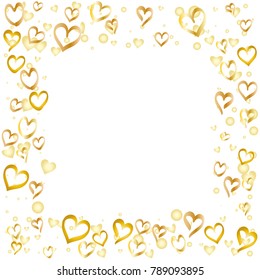 Square frame or border Valentines day background with random hand drawn falling golden hearts isolated on white.