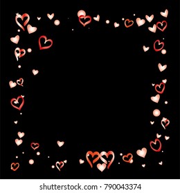 Square frame or border Valentines day background with random hand drawn falling red hearts isolated on black.