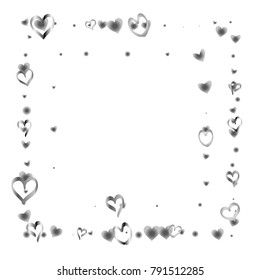 Square frame or border Valentines day background with random hand drawn falling silver hearts isolated on white.