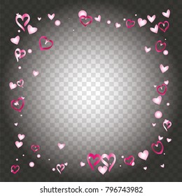 Square frame or border Valentines day background with random hand drawn falling pink hearts on transparent background.