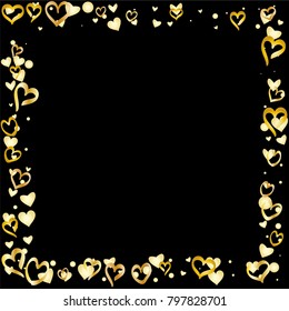 Square frame or border Valentines day background with random hand drawn falling golden hearts isolated on black.