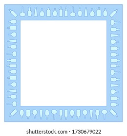 Square frame of bottles of various shapes on a blue background.