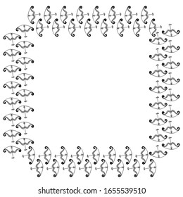 Marco cuadrado de arcos con flechas. Antiguas armas tribales hechas a mano para disparar y cazar. Símbolo de signo zodiaco sagitario. Plantilla en blanco y negro con lugar para texto. Vector.