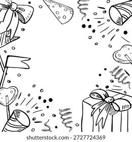 Uma moldura quadrada com arcos, bandeiras, uma caixa de presente e poppers de festa. Ilustração vetorial em estilo de esboço para design de livros, livros para colorir, interiores de crianças, cartões de Dia dos Namorados e eventos