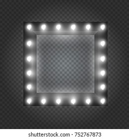 Square frame, box, banner or border with shining lights bulbs in vintage retro style on transparent background. Realistic 3d vector illustration.