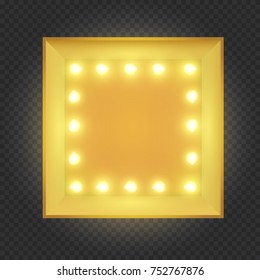 Square frame, box, banner or border with shining lights bulbs in vintage retro style on transparent background. Realistic 3d vector illustration.