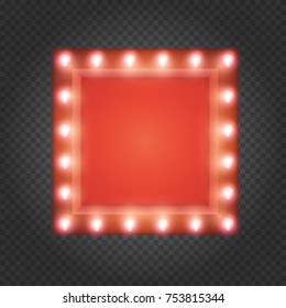 Square frame, box, banner or border with shining lights bulbs in vintage retro style on transparent background. Realistic 3d vector illustration.