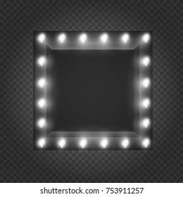 Square frame, box, banner or border with shining lights bulbs in vintage retro style on transparent background. Realistic 3d vector illustration.