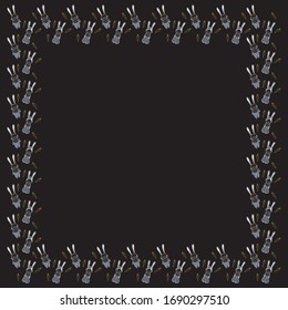 A square frame of boys and girls rabbits in clothes and carrots drawn by hand in the Scandinavian style on a black background. White and yellow outlines. For text. Template for baby design. Vector.