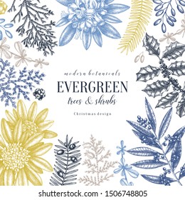 Square frame with branches of conifer trees, evergreen plants, winter flowers. Merry Christmas elegant design.  Vintage greeting card, invitation template. Vector botanical illustration 