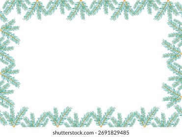 Square frame with branches of coniferous trees for invitations, greeting cards, wallpaper design. Cute border for holidays and celebrations. Festive decor, fir, plants, fir tree needles, decorations.