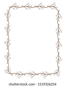Square frame with branches, leaves and  berries. Contour, brown line. Isolated on white background.