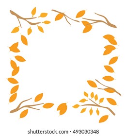 The square frame with branches and yellow leaves. fall leaves border. Autumn vector leaf border illustration isolated from background. Autumn Frame With Falling  Leaves on White Background. 
