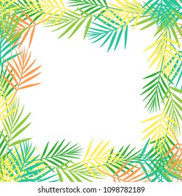Square frame of bright abstract tropical leaves in flat style on white background. Postcard. Vector illustration