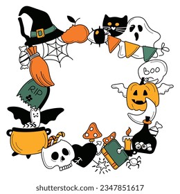 Square frame from bright cool elements for Halloween. Pumpkin, Skull, Ghost, Gravestone, Spider, Candy, Broom, Hat, Eye, Potion and more. Happy holiday. Great for postcards, advertising banners. Vecto