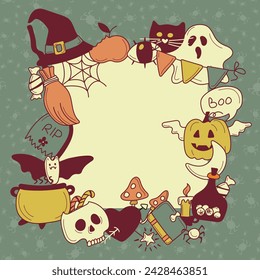 Square frame from bright cool elements for Halloween. Pumpkin, Skull, Ghost, Gravestone, Spider, Candy, Broom, Hat, Eye, Potion and more. Happy holiday. Great for postcards, advertising banners. 