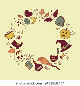 Square frame from bright cool elements for Halloween. Pumpkin, Skull, Ghost, Gravestone, Spider, Candy, Broom, Hat, Eye, Potion and more. Happy holiday. Great for postcards, advertising banners.