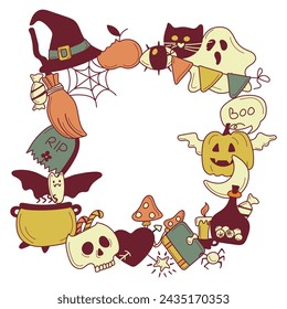 Square frame from bright cool elements for Halloween. Pumpkin, Skull, Ghost, Gravestone, Spider, Candy, Broom, Hat, Eye, Potion and more. Happy holiday. Great for postcards, advertising banners. 