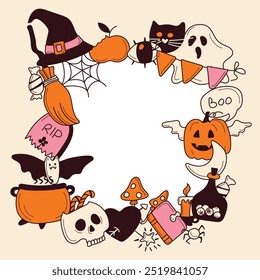 Square frame from bright cool elements for Halloween. Pumpkin, Skull, Ghost, Gravestone, Spider, Candy, Broom, Hat, Eye, Potion and more. Happy holiday. Great for postcards, advertising banners.