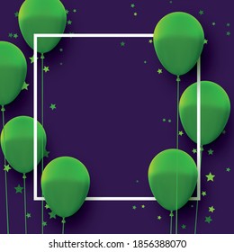 Square frame with bright green balloons with threads on dark violet background. Stars confetti. Space for text. Vector festive illustration.