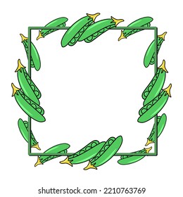 Square frame, bright green ripe vegetables, pea pod, copy space, vector illustration in cartoon style on white background