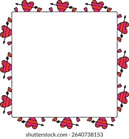 Square frame with bright hearts on white background. Vector image.