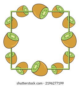 Square frame, bright juicy halves of tropical kiwi fruit, copy space, vector illustration in cartoon style on a white background