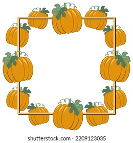 Square frame, bright orange ripe vegetables, pumpkin, copy space, cartoon-style vector illustration on a white background