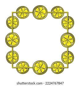 Square frame, Bright round slice of lemon, copy space, vector illustration in cartoon style on white background