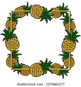 Square frame, Bright yellow pineapple fruit, copy space, cartoon-style vector illustration on a white background