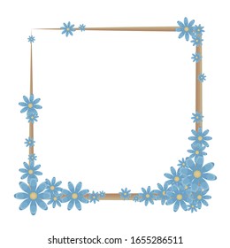 A square frame of a brown outline decorated with a composition of blue flowersvector object isolated on white background.