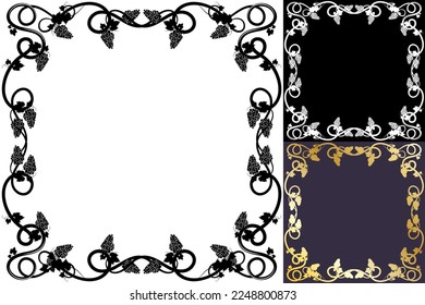 Square frame with bunch of grapes, leaves and tendrils for wine promo. Autumn harvest. Advertising label with berry silhouette. Simple flat vector