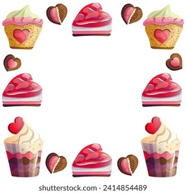 Square frame with cakes and cookies with hearts for Valentine's Day, a delicious collection for a spring holiday, illustrations in a flat cartoon style to decorate a sweet menu in a restaurant