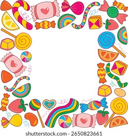 Square frame of candies and sweets. Bright colorful background with yummy treats and copy space for text. Hand drawn border of sweets, vector graphic