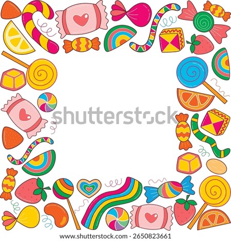 Square frame of candies and sweets. Bright colorful background with yummy treats and copy space for text. Hand drawn border of sweets, vector graphic