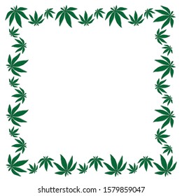 Square frame cannabis leaf from outlines drawn in one line and green substrates on a white background. Template for text. Vector.