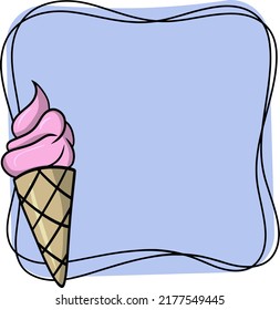 Square frame, card, cold dessert, ice cream balls in a waffle cone, banner copy space, vector illustration in cartoon style