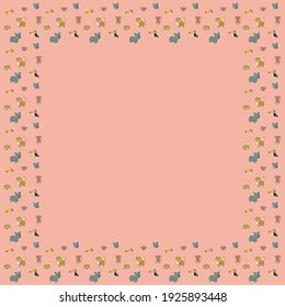 The square frame of cartoon cute leopards, rainbow toucans, spider monkeys, and their faces with white outlines like stickers on a pink background. A place for text. Vector.