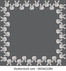 Square frame of cartoon cute rabbit portraits with big opened blue eyes, ruddy cheeks and white outline on a dark brown background. Template of hares for Easter greeting card. Kawaii bunnies. Vector.