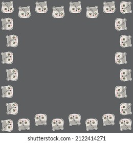 Square frame of cartoon cute teddy bear faces with ruddy cheeks and white outline like stickers on a dark brown background. For greeting card, invitation, print, banner . Kawaii characters. Vector.