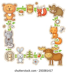 Square frame with cartoon forest animals, no gradients