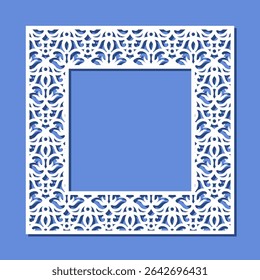 Quadro quadrado com ornamento esculpido. Borda, borda para espelho, cartão postal, foto. Padrão de planta floral. Modelo para plotter corte a laser de papel, escultura em madeira, gravação em metal, cnc. Ilustração vetorial.